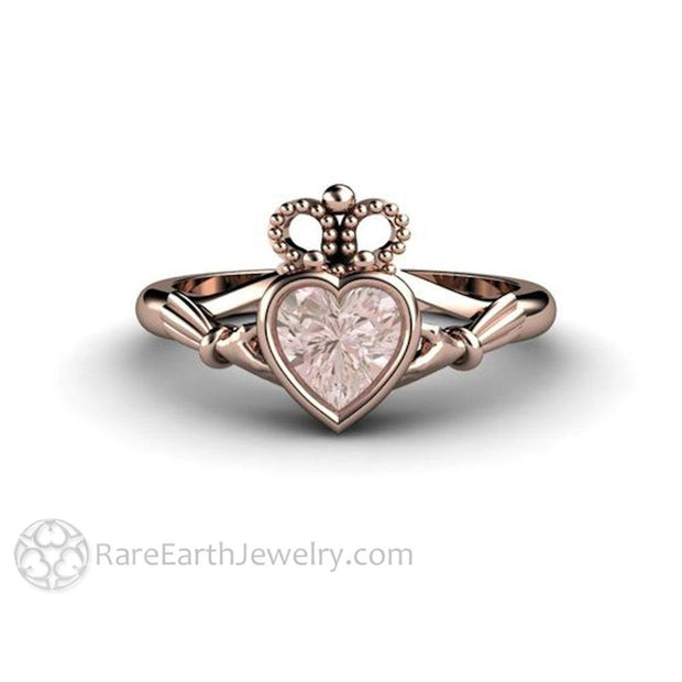 Rare Earth Jewelry Morganite Engagement Ring Rose Gold Bezel Setting Irish Claddagh