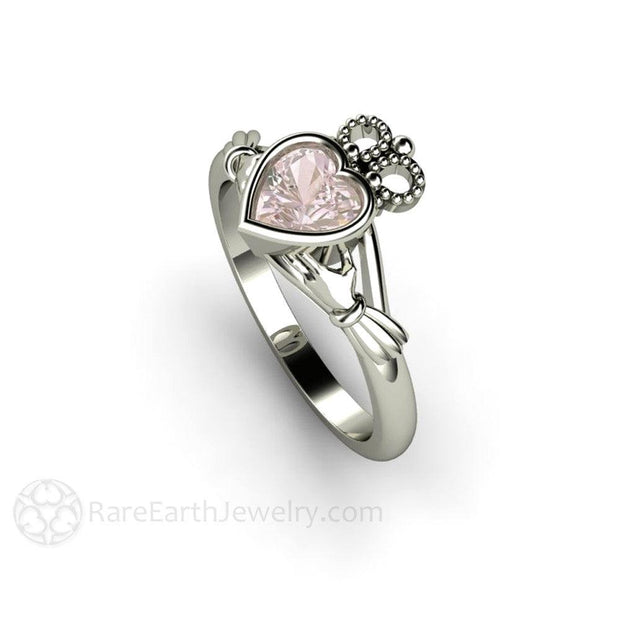 Morganite Claddagh Ring Irish Engagement or Promise Ring 14K White Gold - Engagement Only - Rare Earth Jewelry