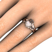 Morganite Claddagh Ring Irish Engagement or Promise Ring 14K Rose Gold - Wedding Set - Rare Earth Jewelry