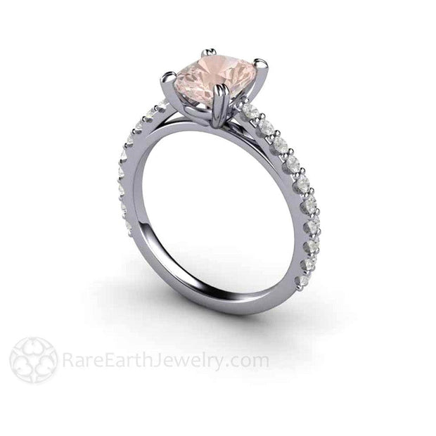 Morganite Cushion Cut Engagement Ring Accented Solitaire with Diamonds Platinum - Rare Earth Jewelry