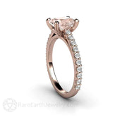 Morganite Cushion Cut Engagement Ring Accented Solitaire with Diamonds 18K Rose Gold - Rare Earth Jewelry
