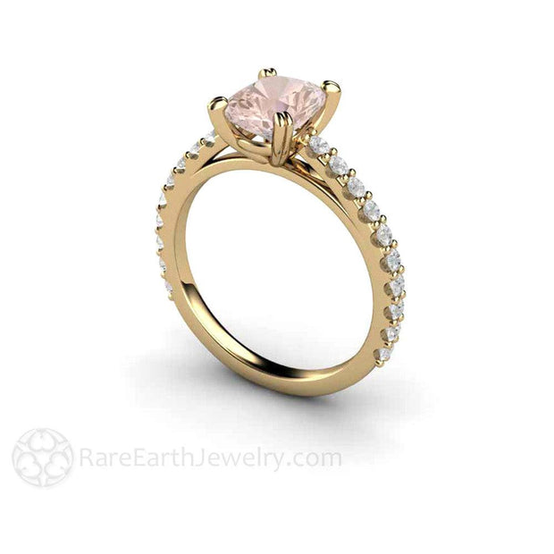 Morganite Cushion Cut Engagement Ring Accented Solitaire with Diamonds 14K Yellow Gold - Rare Earth Jewelry