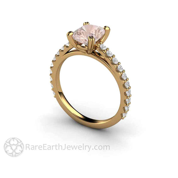 Morganite Cushion Cut Engagement Ring Accented Solitaire with Diamonds 18K Yellow Gold - Rare Earth Jewelry