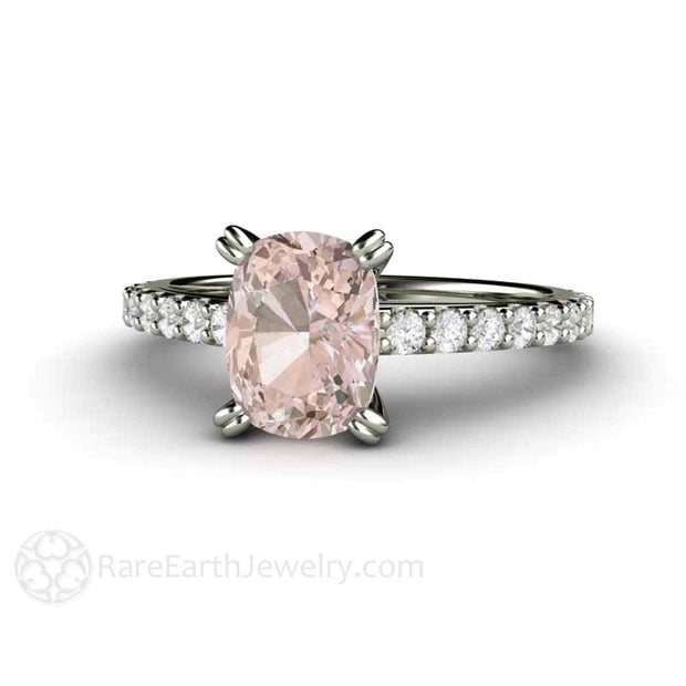 Morganite Cushion Cut Engagement Ring Accented Solitaire with Diamonds 14K White Gold - Rare Earth Jewelry