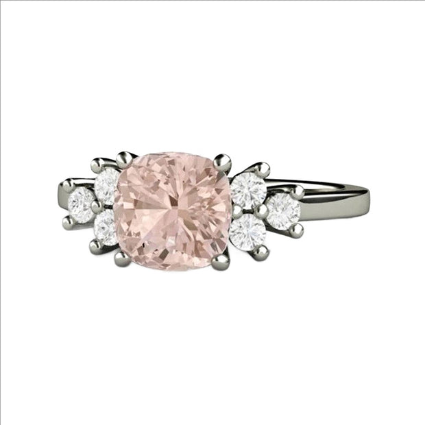 Morganite Cushion Cut Engagement Ring with Diamond Accents 18K White Gold - Rare Earth Jewelry