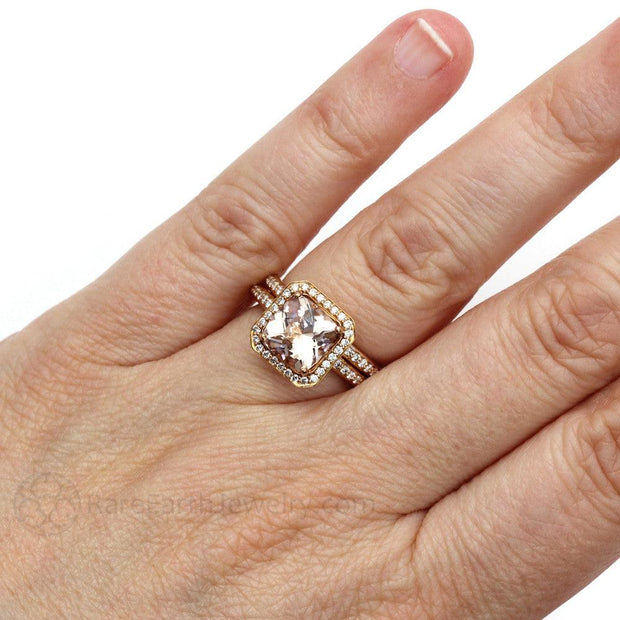 Morganite Cushion Halo Engagement Ring with Diamonds 18K Rose Gold - Wedding Set - Rare Earth Jewelry