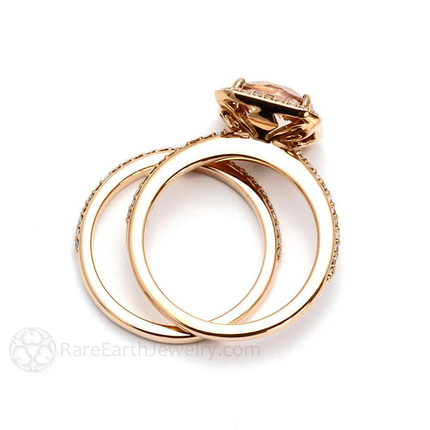 Morganite Cushion Halo Engagement Ring with Diamonds 14K Rose Gold - Wedding Set - Rare Earth Jewelry