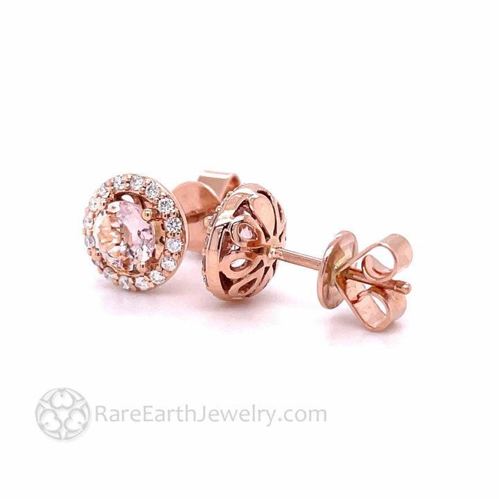 Morganite Diamond Halo Earrings 14K Rose Gold Round Morganite Studs - Rare Earth Jewelry