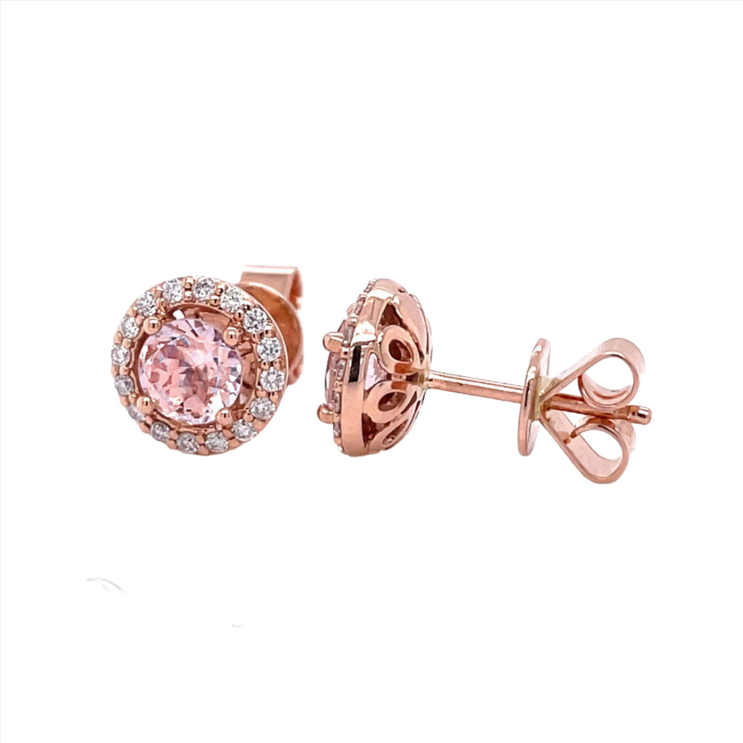 Morganite Diamond Halo Earrings 14K Rose Gold Round Morganite Studs - Rare Earth Jewelry