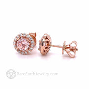 Morganite Diamond Halo Stud Earrings 14K Rose Gold Morganite Studs 14K Rose Gold - Rare Earth Jewelry
