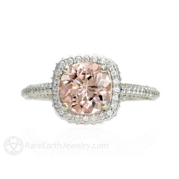 Morganite Engagement Ring 2 Carat Pave Diamond Halo 18K White Gold - Engagement Only - Rare Earth Jewelry