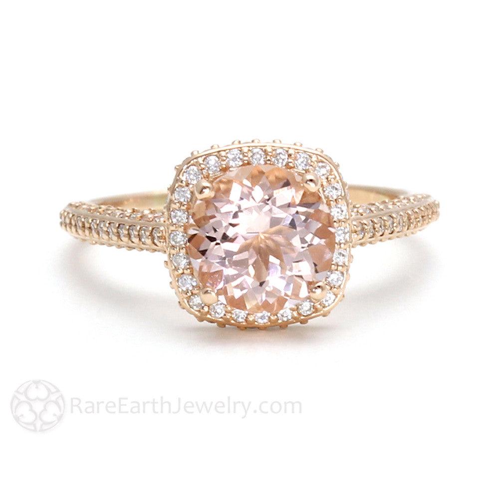 2 Carat Morganite Engagement Ring | Diamond Halo with Hidden Diamond Cathedral Setting