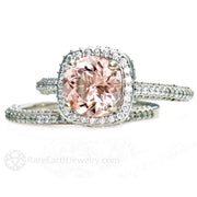 Morganite Engagement Ring 2 Carat Pave Diamond Halo 18K White Gold - Wedding Set - Rare Earth Jewelry