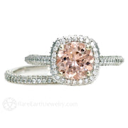 Morganite Engagement Ring 2 Carat Pave Diamond Halo 14K White Gold - Wedding Set - Rare Earth Jewelry