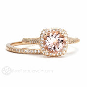 Morganite Engagement Ring 2 Carat Pave Diamond Halo 14K Rose Gold - Wedding Set - Rare Earth Jewelry