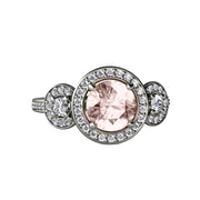 Morganite Engagement Ring 3 Stone Diamond Halo 14K White Gold - Rare Earth Jewelry