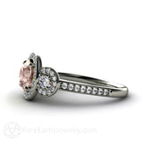 Morganite Engagement Ring 3 Stone Diamond Halo Platinum - Rare Earth Jewelry