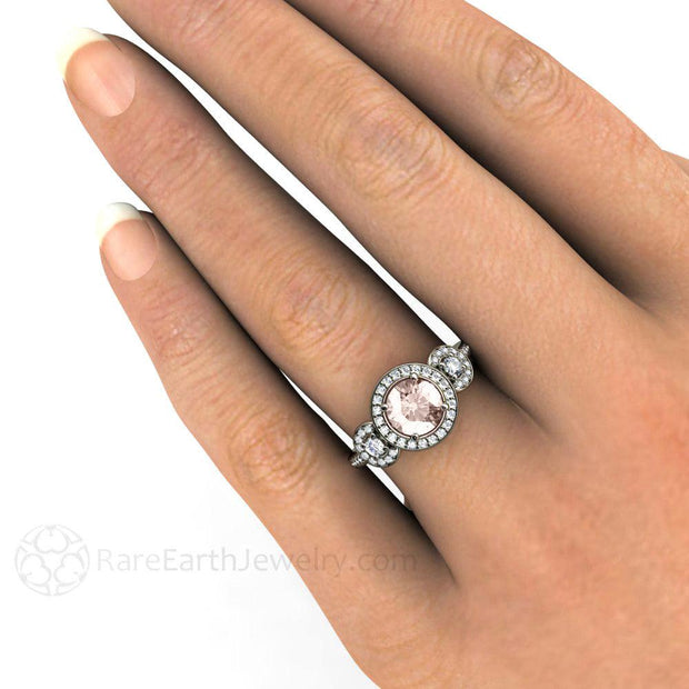 Morganite Engagement Ring 3 Stone Diamond Halo Platinum - Rare Earth Jewelry