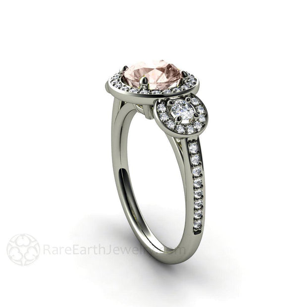 Morganite Engagement Ring 3 Stone Diamond Halo 18K White Gold - Rare Earth Jewelry