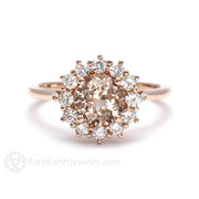 Morganite Engagement Ring Diamond Halo Cluster 14K Rose Gold - Rare Earth Jewelry