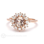 Morganite Engagement Ring Diamond Halo Cluster 18K Rose Gold - Rare Earth Jewelry