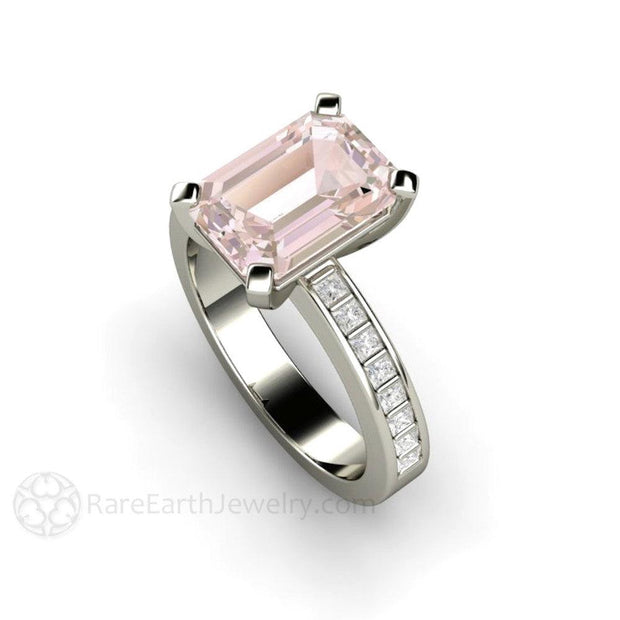 Morganite Engagement Ring Emerald Cut Accented Solitaire with Diamonds 18K White Gold - Rare Earth Jewelry