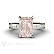 Morganite Engagement Ring Emerald Cut Accented Solitaire with Diamonds 14K White Gold - Rare Earth Jewelry
