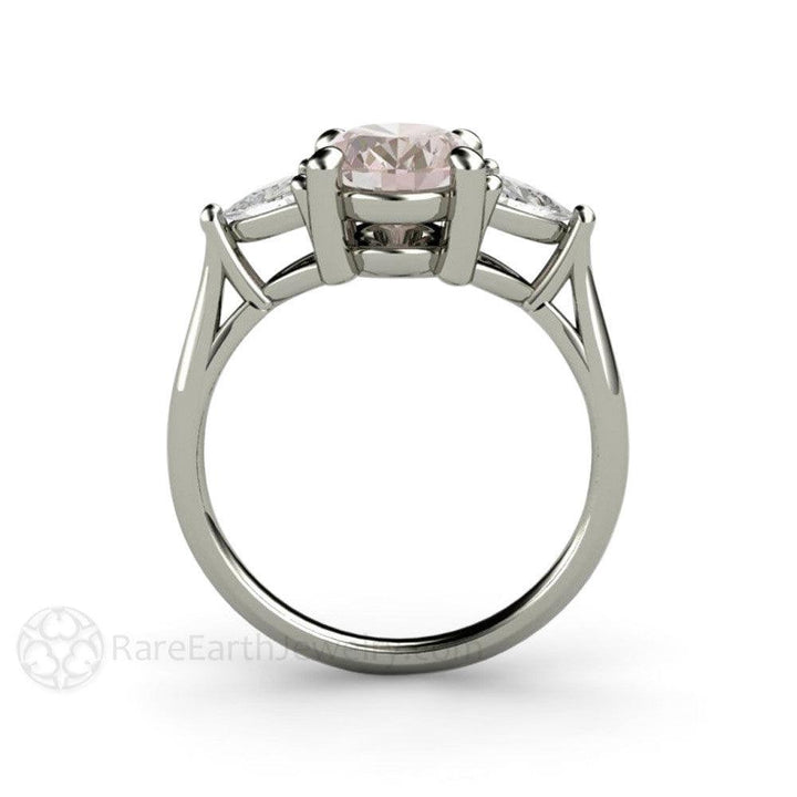 Morganite Engagement Ring Oval 3 Stone with Trillions - Rare Earth Jewelry