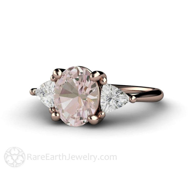 Morganite Engagement Ring Oval 3 Stone with Trillions 14K Rose Gold - Rare Earth Jewelry