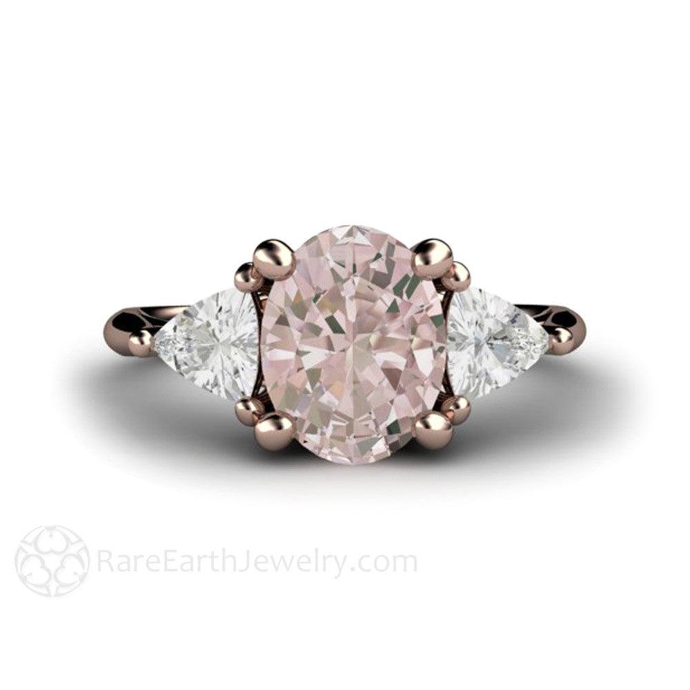 Morganite Engagement Ring Oval 3 Stone with Trillions - Rare Earth Jewelry