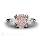 Morganite Engagement Ring Oval 3 Stone with Trillions 18K Rose Gold - Rare Earth Jewelry