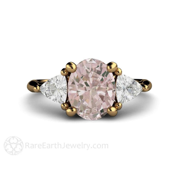 Morganite Engagement Ring Oval 3 Stone with Trillions 18K Yellow Gold - Rare Earth Jewelry