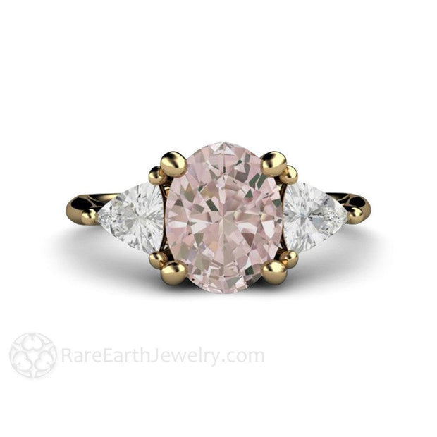 Morganite Engagement Ring Oval 3 Stone with Trillions 14K Yellow Gold - Rare Earth Jewelry