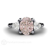 Morganite Engagement Ring Oval 3 Stone with Trillions Platinum - Rare Earth Jewelry