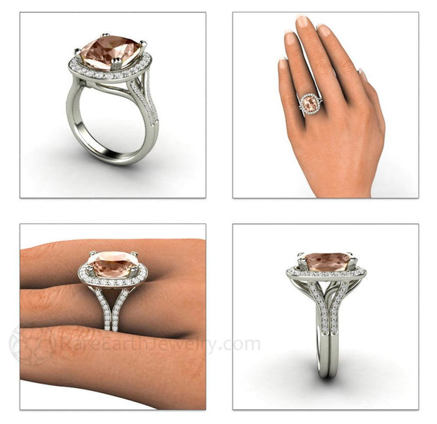 Morganite Ring 5ct Cushion Diamond Halo Engagement with Split Shank 14K White Gold - Rare Earth Jewelry
