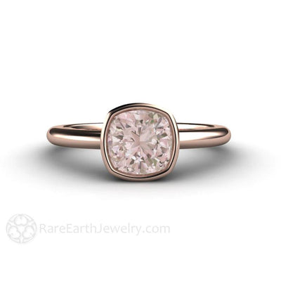 Morganite Ring Cushion Cut Bezel Solitaire Engagement 14K Rose Gold - Engagement Only - Rare Earth Jewelry