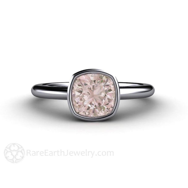 Morganite Ring Cushion Cut Bezel Solitaire Engagement - Platinum - Engagement Only - Bezel - Cushion - Morganite - Rare Earth Jewelry