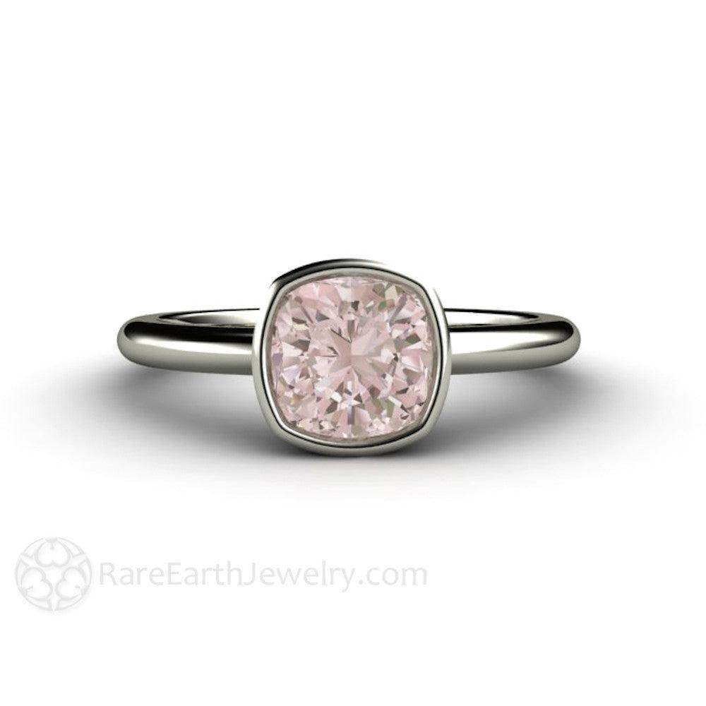 Natural Morganite Ring Cushion Cut Bezel Set Solitaire Engagement - Rare Earth Jewelry