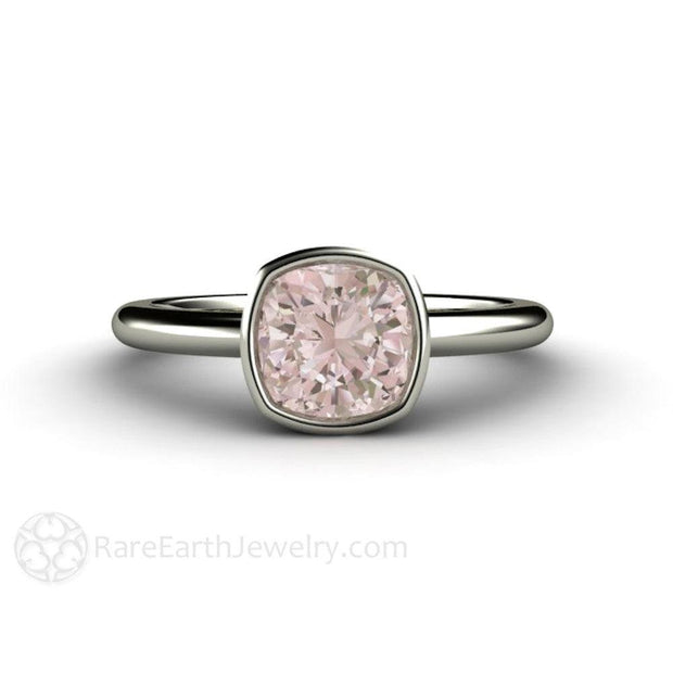 Morganite Ring Cushion Cut Bezel Solitaire Engagement 14K White Gold - Engagement Only - Rare Earth Jewelry