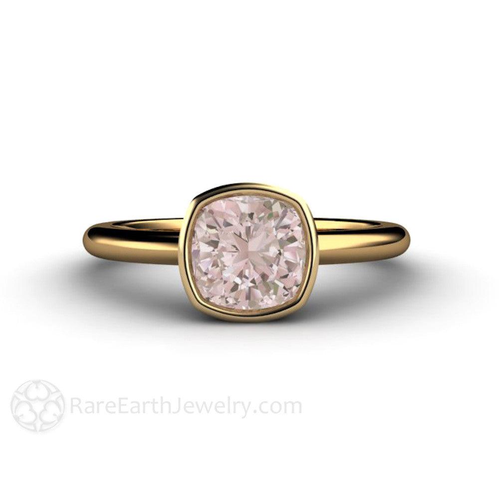 Natural Morganite Ring Cushion Cut Bezel Set Solitaire Engagement - Rare Earth Jewelry