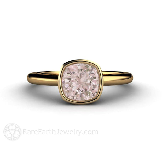 Morganite Ring Cushion Cut Bezel Solitaire Engagement 18K Yellow Gold - Engagement Only - Rare Earth Jewelry