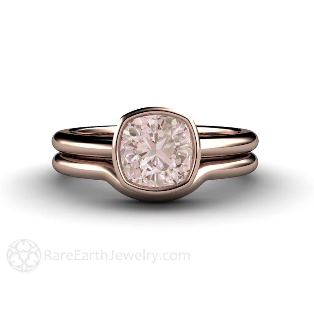 Natural Morganite Ring Cushion Cut Bezel Set Solitaire Engagement - Rare Earth Jewelry