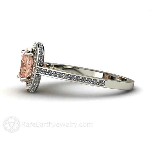 Morganite Ring Oval Diamond Halo Engagement Ring 14K White Gold - Rare Earth Jewelry