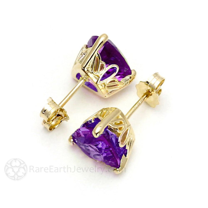 Natural Amethyst Earrings Trillion Cut Amethyst Studs in 14K Gold - Rare Earth Jewelry