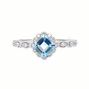 Natural Aquamarine Engagement Ring Vintage Style Asscher Cut Aquamarine Ring Diamond Halo 14K White Gold - Rare Earth Jewelry
