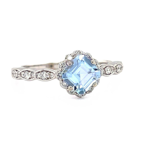 Natural Aquamarine Engagement Ring Vintage Style Asscher Cut Aquamarine Ring Diamond Halo 14K White Gold - Rare Earth Jewelry