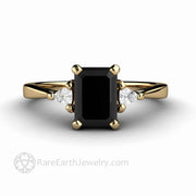 Natural Black Diamond Engagement Ring Emerald Cut Three Stone with Diamond Trillions 14K Yellow Gold - Rare Earth Jewelry