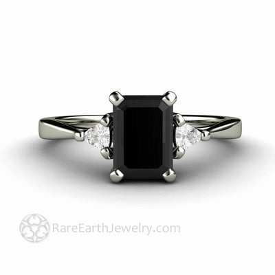 Natural Black Diamond Engagement Ring Emerald Cut Three Stone with Diamond Trillions 14K White Gold - Rare Earth Jewelry