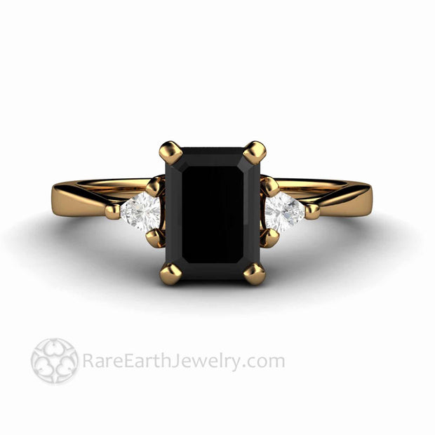 Natural Black Diamond Engagement Ring Emerald Cut Three Stone with Diamond Trillions 18K Yellow Gold - Rare Earth Jewelry