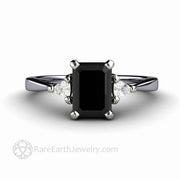 Natural Black Diamond Engagement Ring Emerald Cut Three Stone with Diamond Trillions Platinum - Rare Earth Jewelry